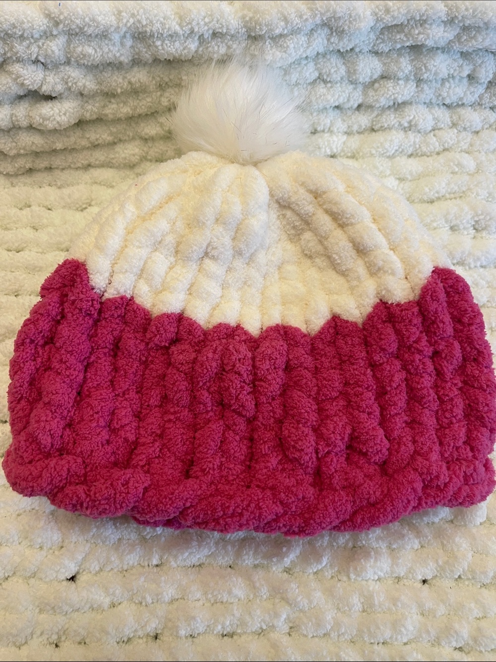 Hand knit Cozy Pink and White with white Pom Pom Beanie -